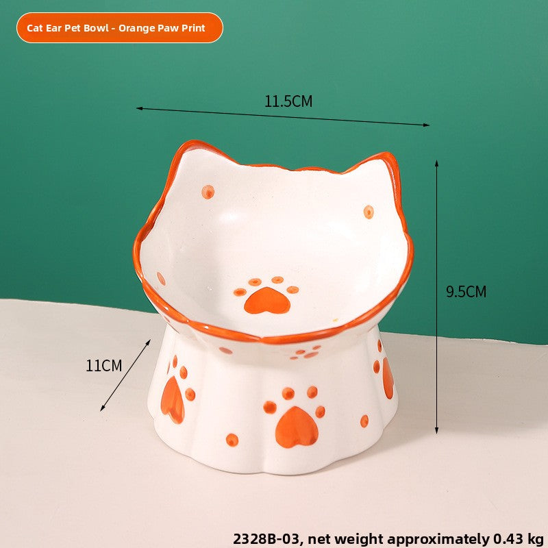Ceramic Elevated Pet Bowl with Anti-Spill Slanted Opening and Double Ears in Cute Designs