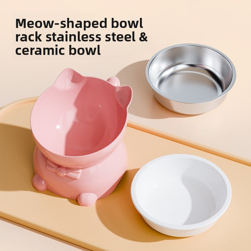 Slanted Cat Food Bowl with Anti-Spill Stand, Kitten Tail Design