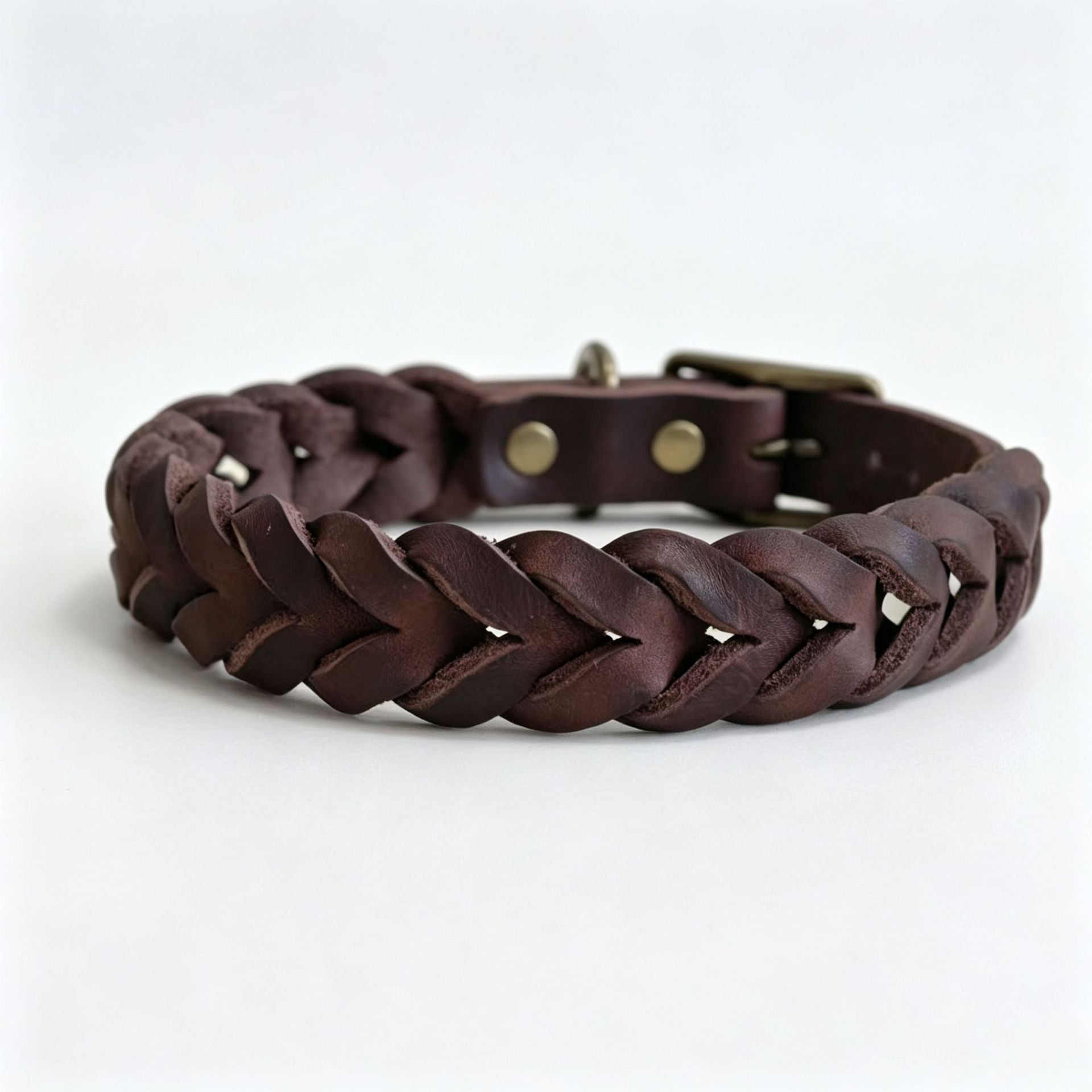 Vintage braided cowhide leather dog collar with bronze buckle, product image 8