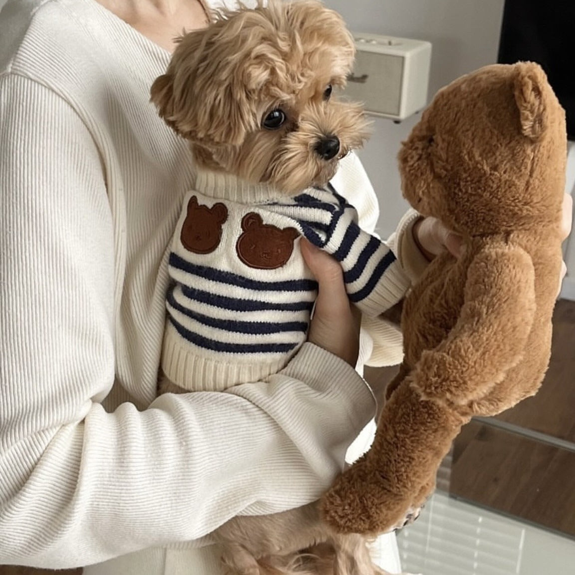 Striped knitted wool pet jumper in Navy Blue Stripe, front view