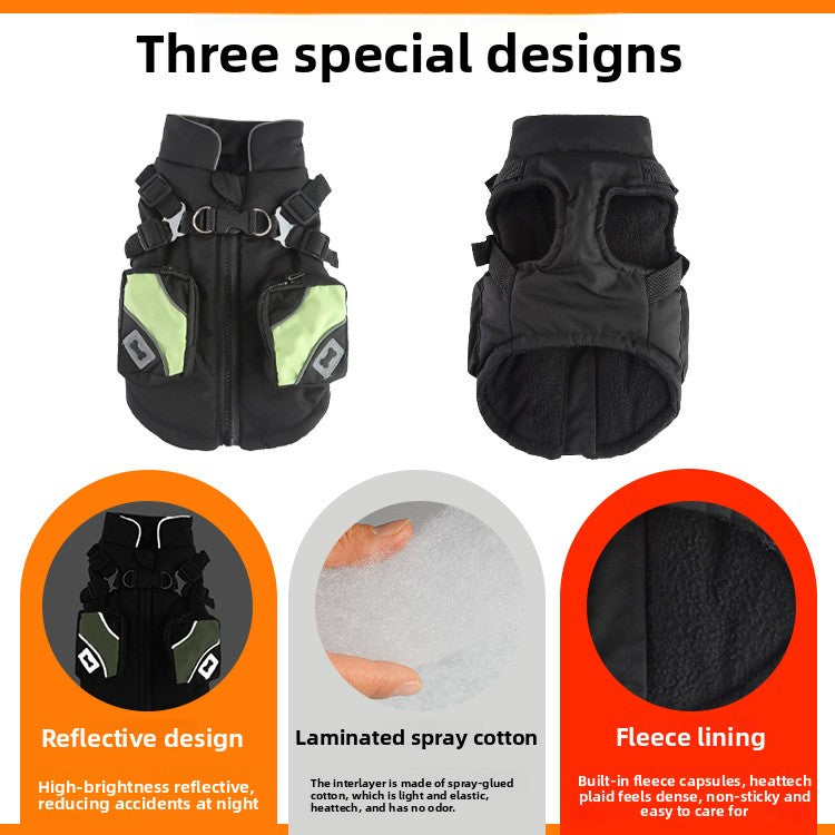 Padded dog chest jacket with zip and reflective straps, side view