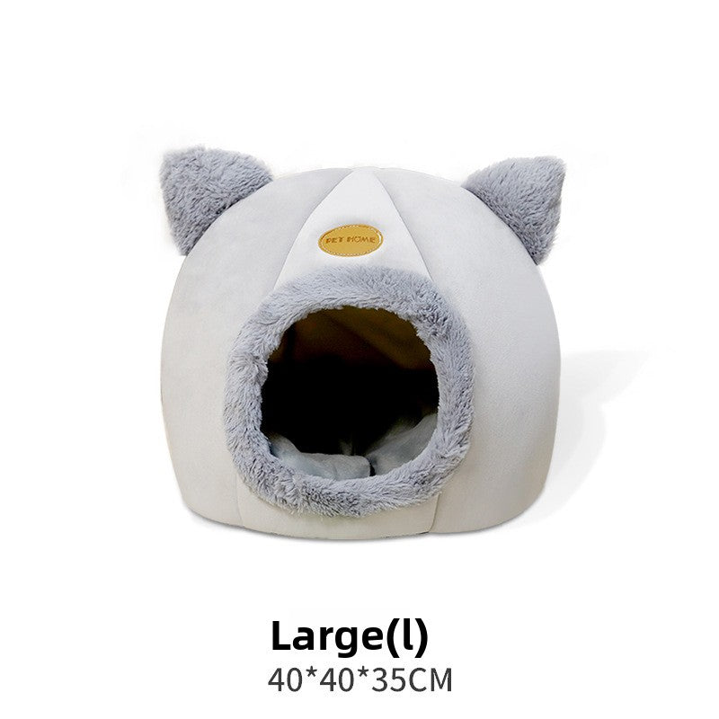 Grey enclosed cat head pet house with washable pad, view 6