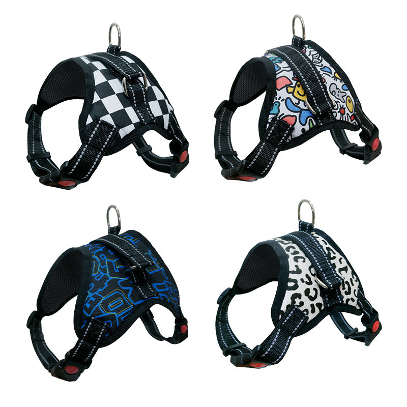 Saddle style padded dog harness in Check Saddle, showing size and shape