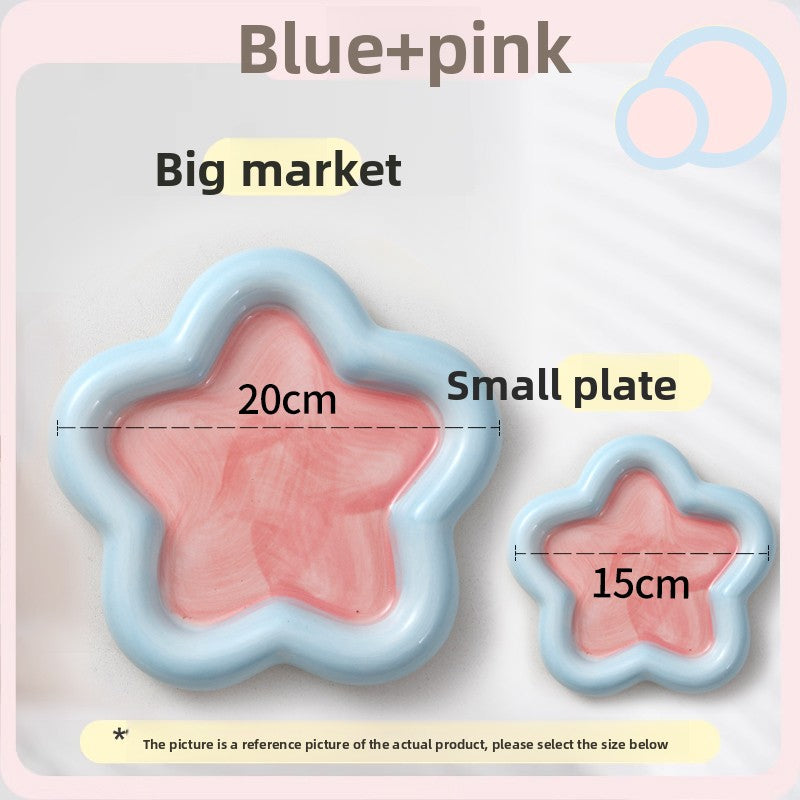 Shallow ceramic pet food plate with cute bear design in blue and pink, view 11