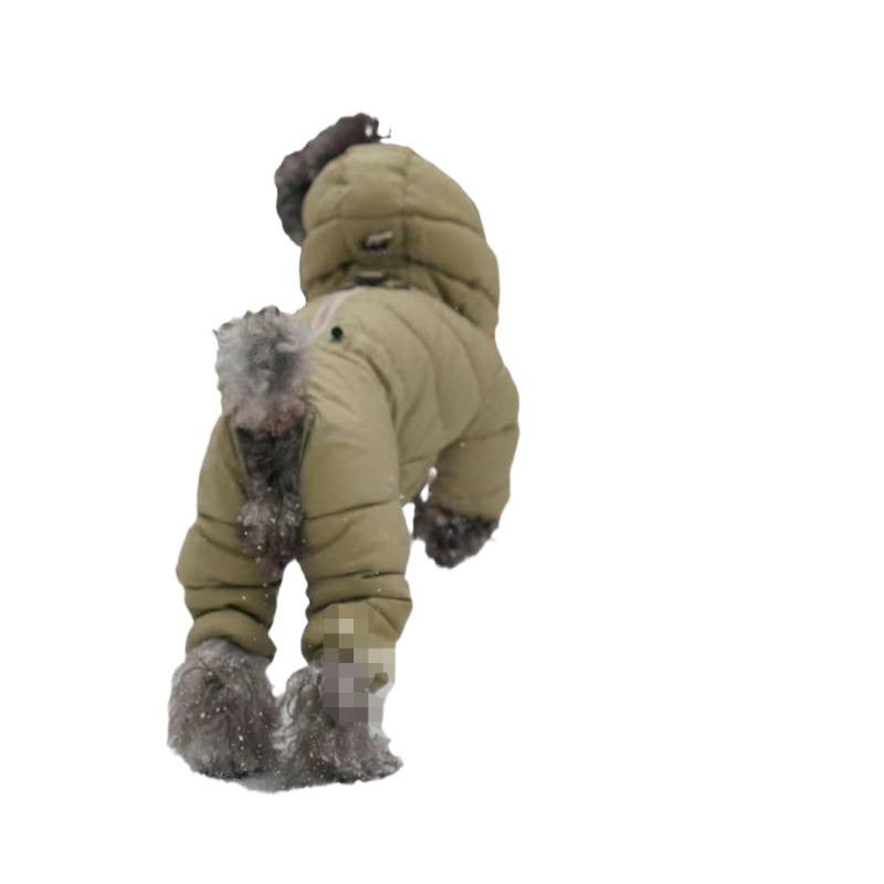 Four-leg padded winter jacket for small dogs in Army Green, showing size and shape