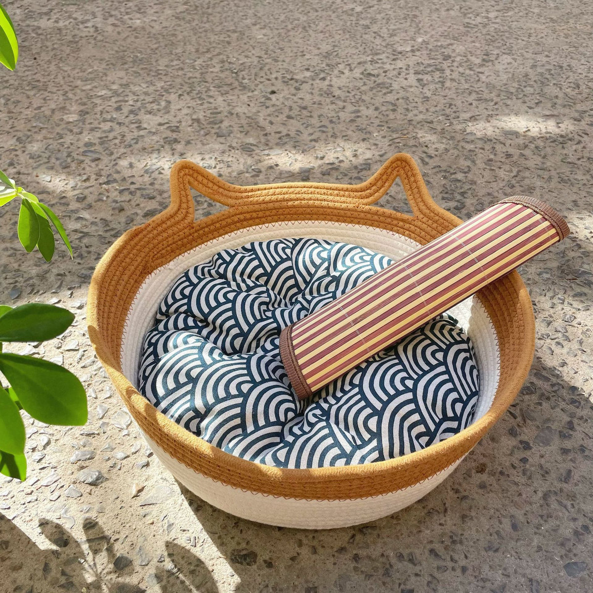 Woven rattan cat bed with cat ears and toy ball, view 43