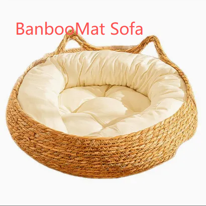Brown rattan woven pet bed with blue cushion for cats, view 53