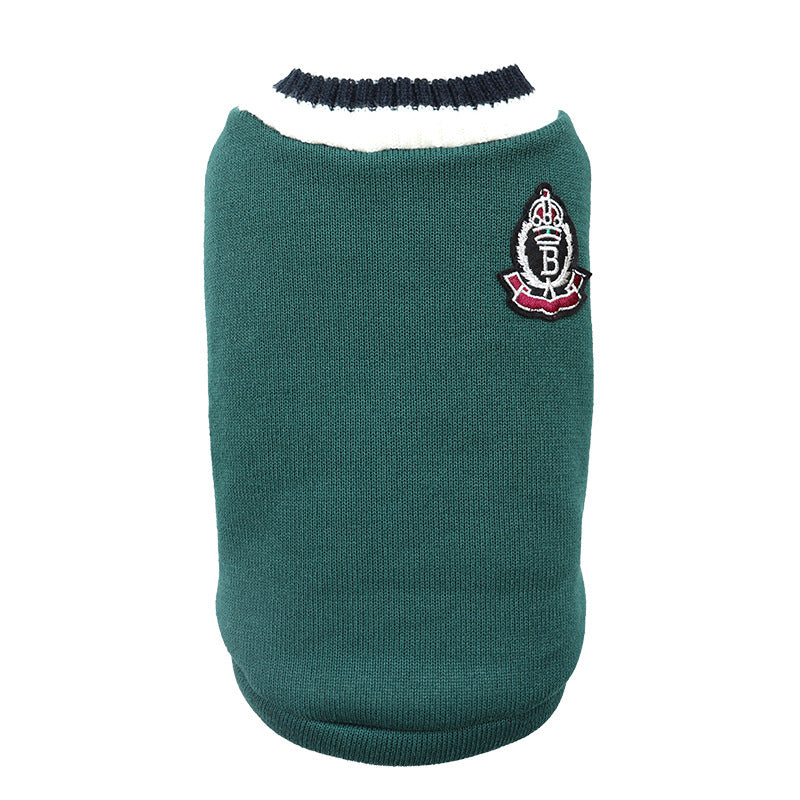 Knitted preppy V-neck pet jumper vest in V-Neck Green, material detail