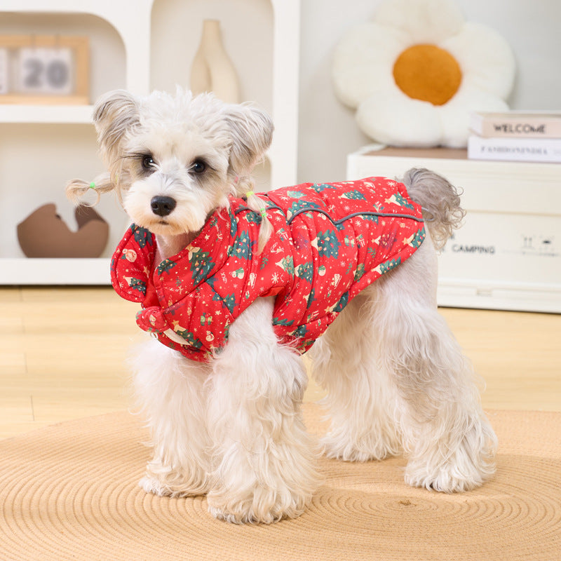 Christmas padded dog vest with reflective trim in Red, side view