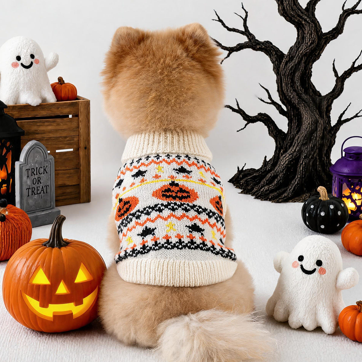 Small dog wearing a Halloween pumpkin and bat knit jumper