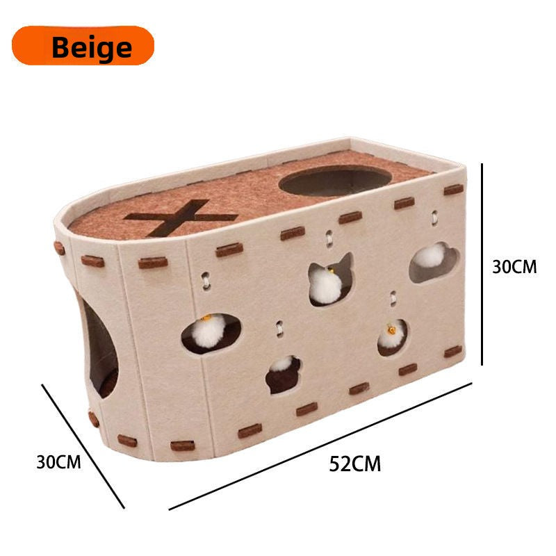 Beige double layer felt cat bed and scratching board, view 6