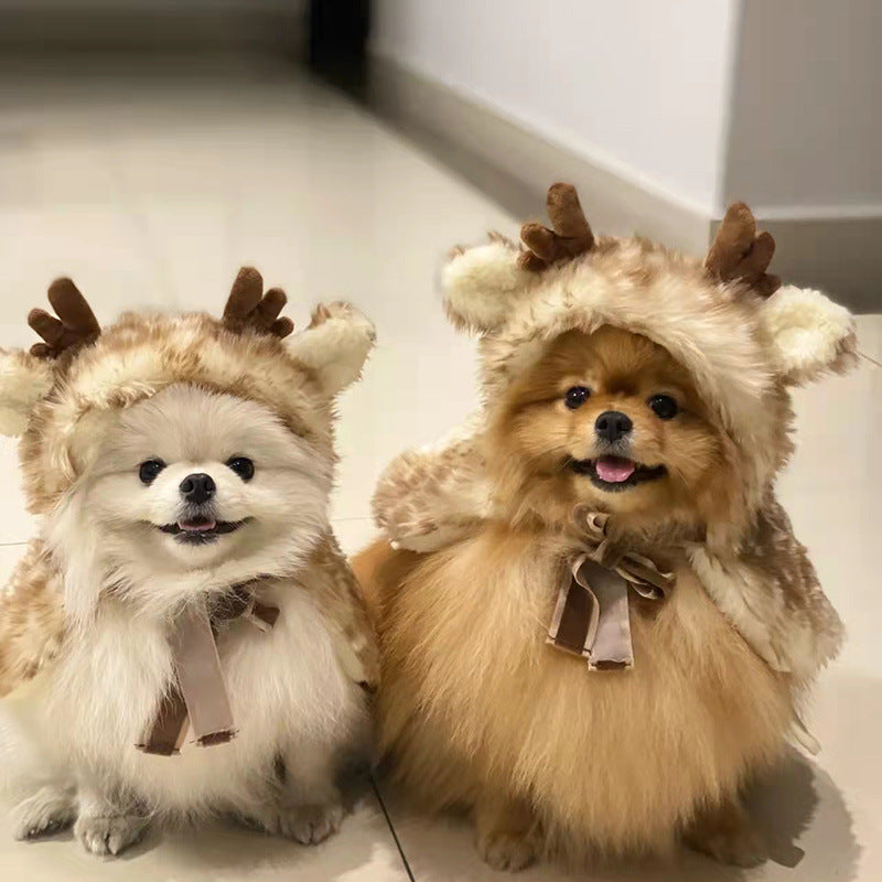 Christmas reindeer cloak and hat costume for pets in Brown Spot Reindeer, close-up detail