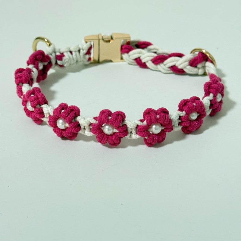 Handmade woven boho pet collar with pearl flowers in Blue, showing size and shape