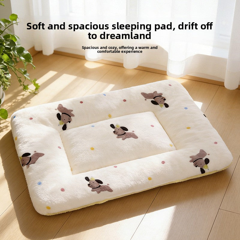 Thick plush pet sleeping mat with brown bear print, view 1