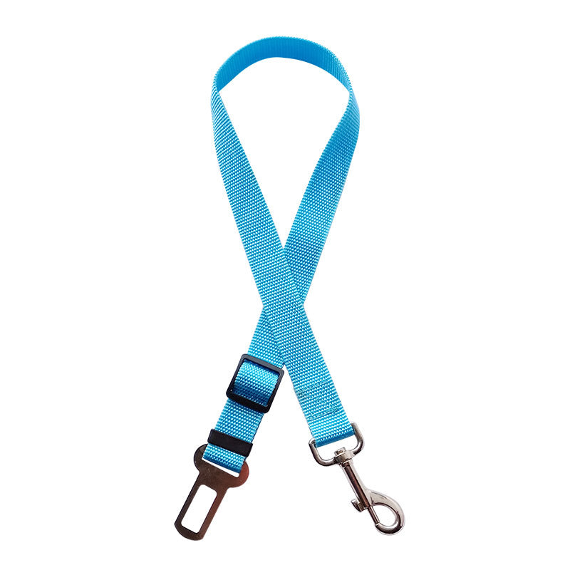 Pet car seat belt safety lead in blue with metal clip