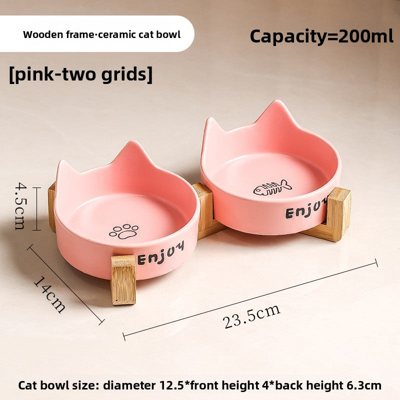 Anti-Spill Ceramic Pet Bowl with Wooden Stand and Cat Ear, Paw or Fish Bone Design