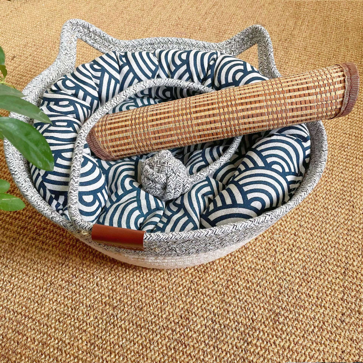Small woven rattan cat nest in macaron blue with ball, view 46