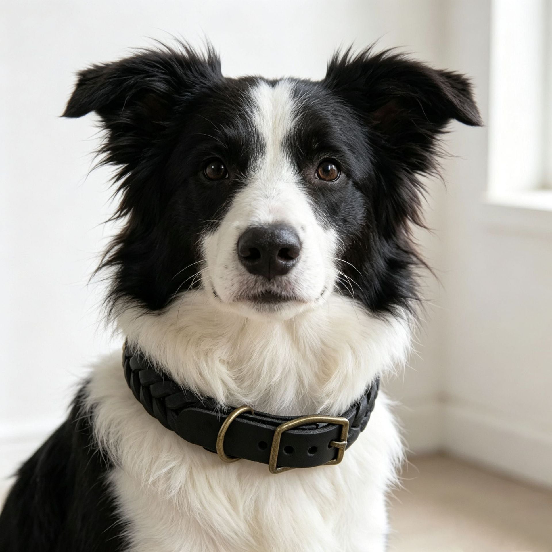 Vintage braided cowhide leather dog collar with bronze buckle, product image 3