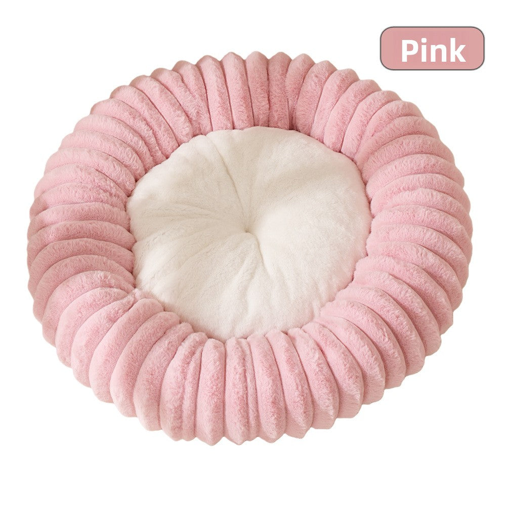 Round striped faux fur pet bed in dark grey for cats