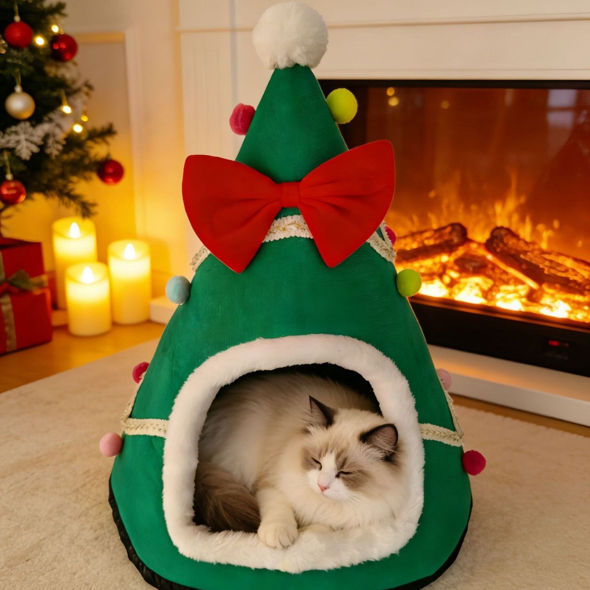 Red Christmas cat bed with bow and tree print, view 1
