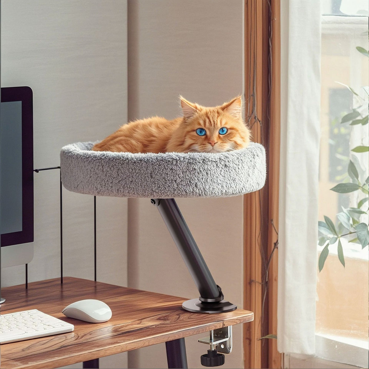 Light grey floating desktop cat bed on black wooden stand