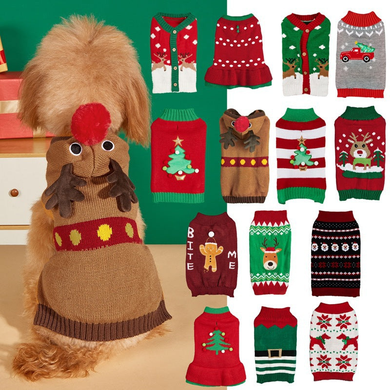 Christmas knitted pet jumper with festive design in Grey Car, front view