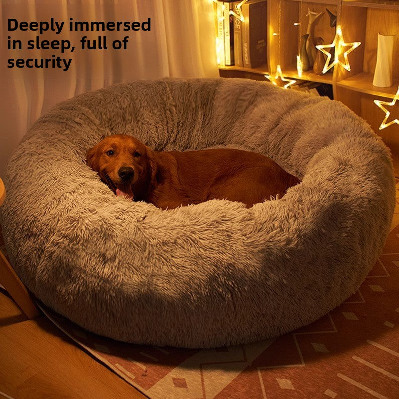 Grey round winter dog bed with matching fleece blanket