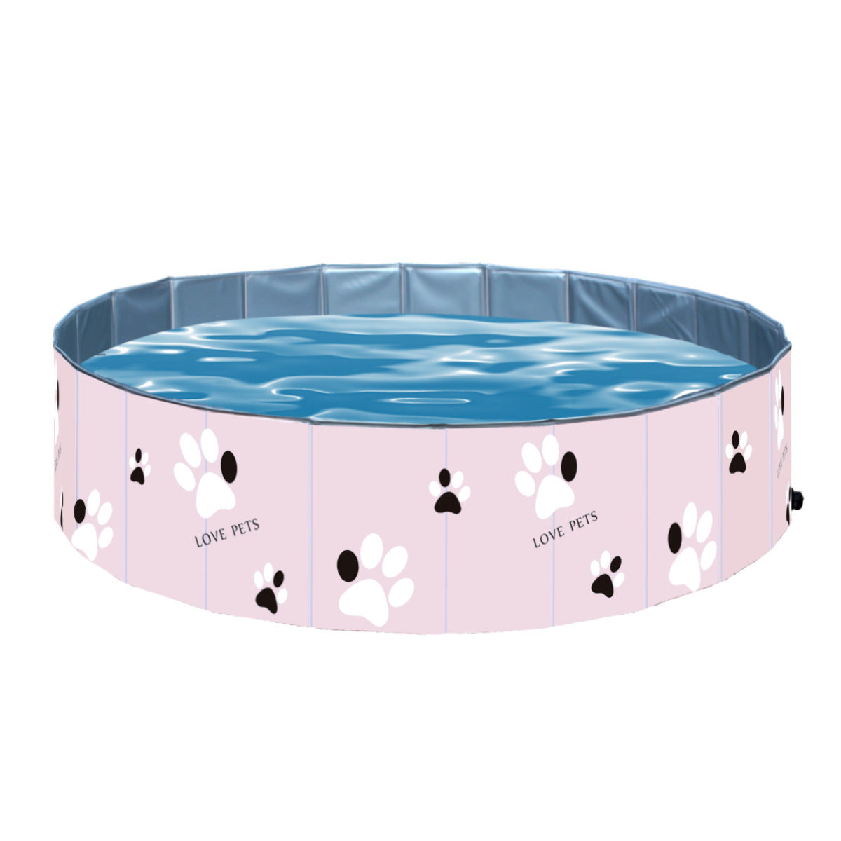 Dog standing in a pink paw print collapsible bathing pool