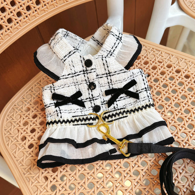 Princess cotton dog dress with matching lead in Red Dress with Lead, top view