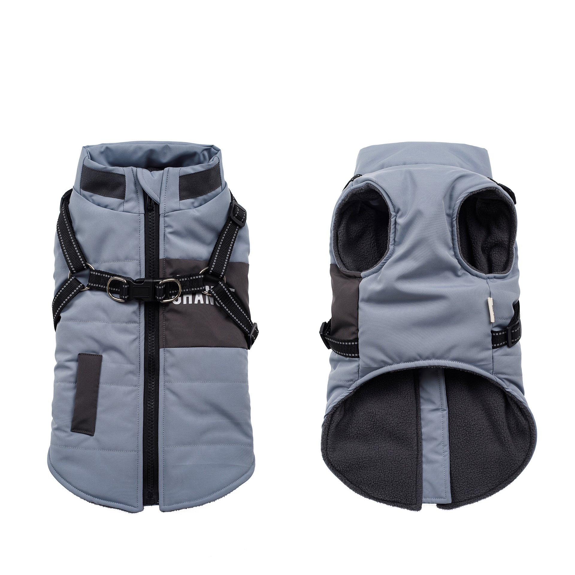 Stand collar padded dog winter coat in Rice Apricot, close-up detail