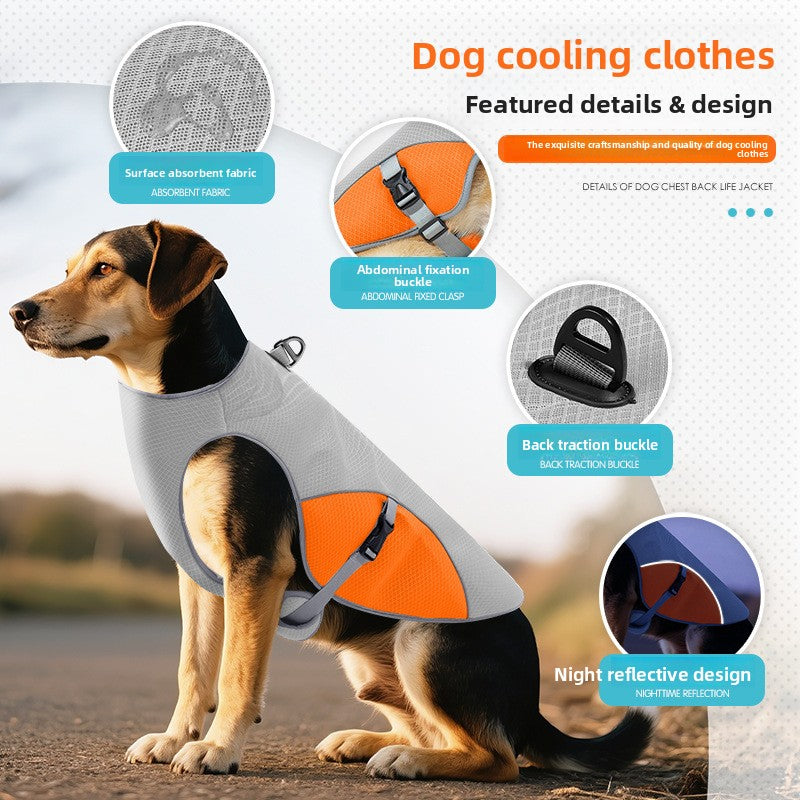 Dog cooling vest with reflective strips in light grey and orange, view 2