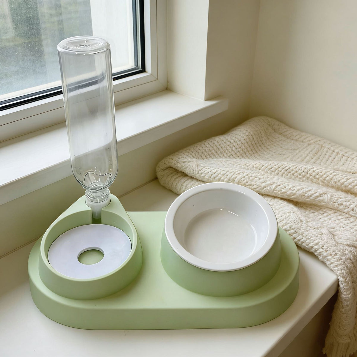 Slanted Double Pet Food and Water Bowl in Stainless Steel or Ceramic, Cat and Dog Designs