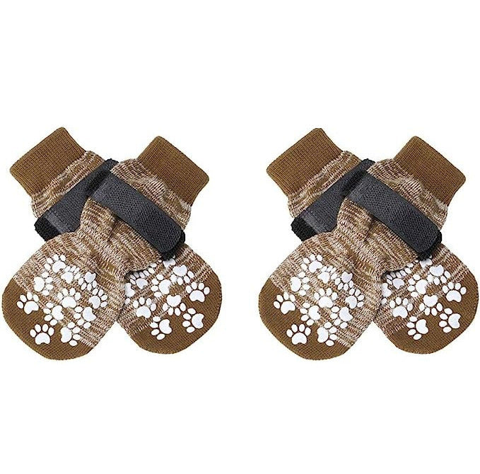 Anti-slip knitted cotton dog socks with grip soles in Leopard Print, top view