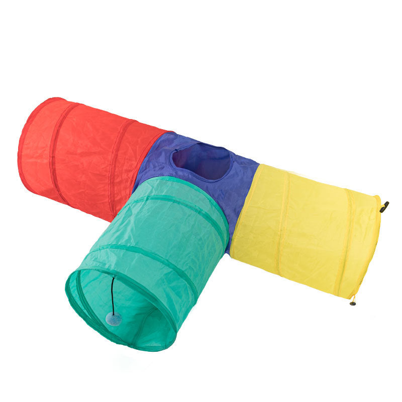 Foldable three-way cat tunnel toy in Four-Colour Rainbow Tunnel