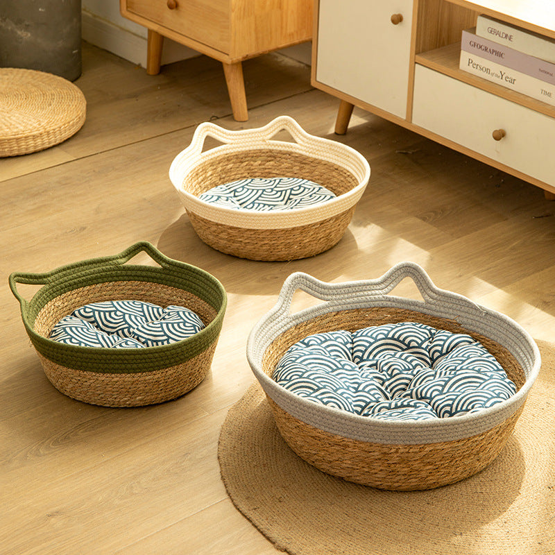 Natural cattail basket cat nest with soft pad, product image 3