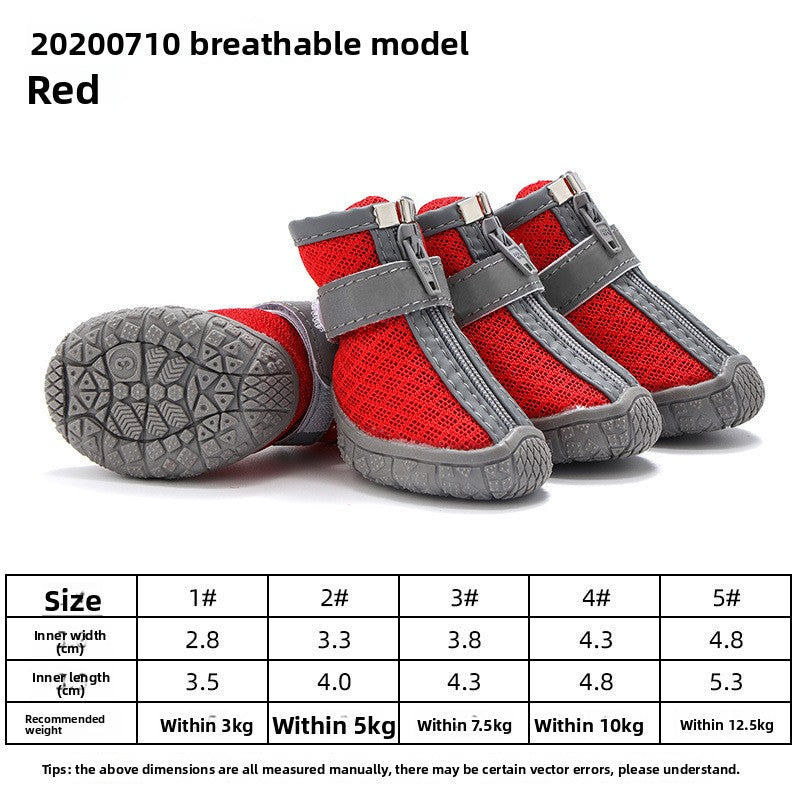 Breathable mesh puppy shoes with TPR soles, showing size and shape