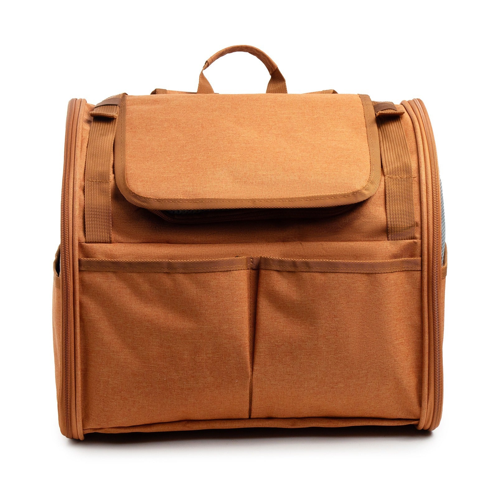 Light brown expandable pet carrier backpack with mesh panels, view 4