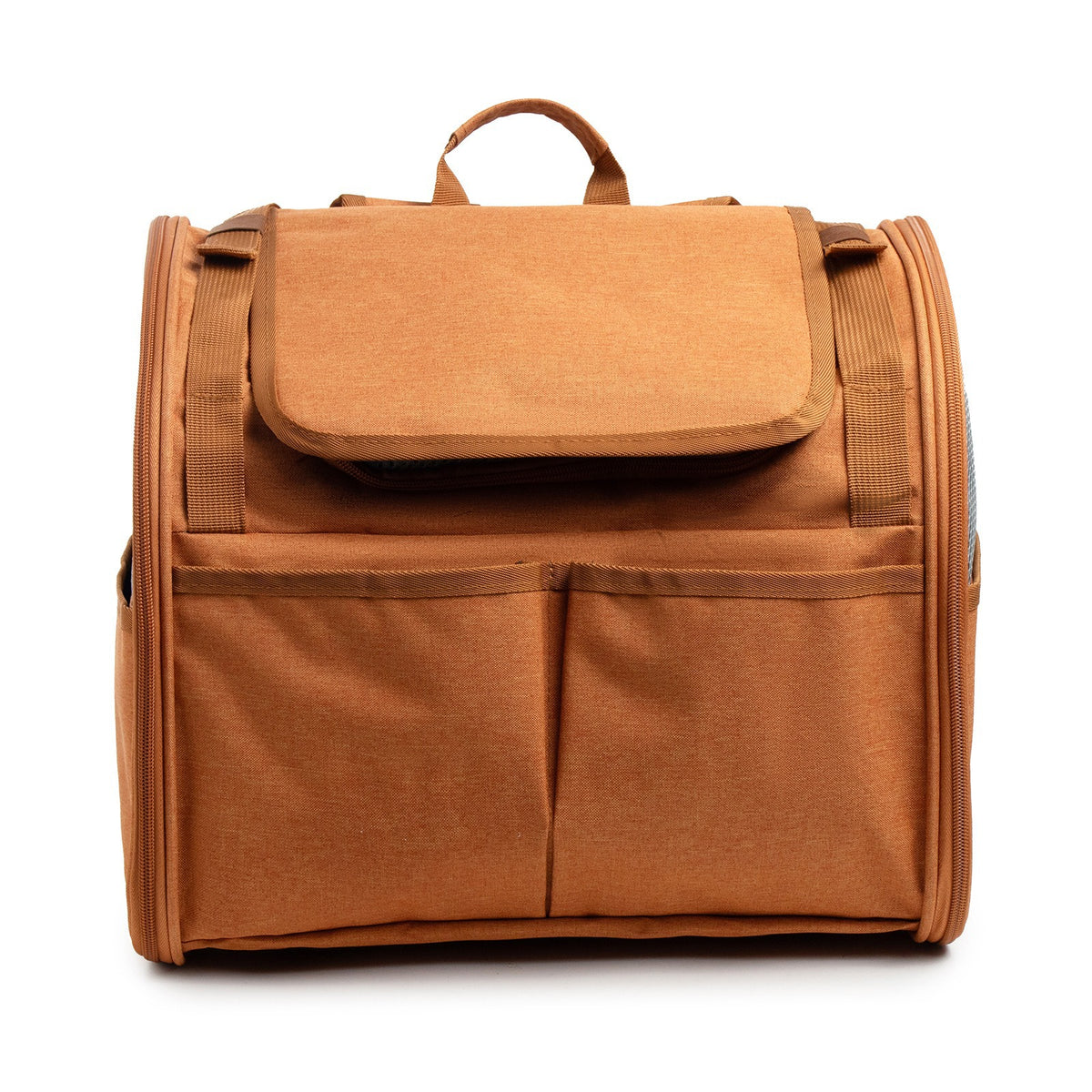 Light brown expandable pet carrier backpack with mesh panels, view 4