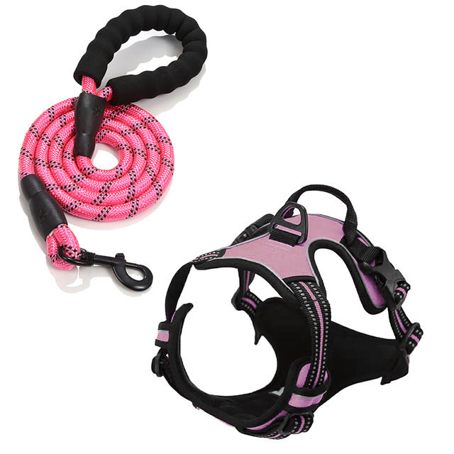 Polyester dog harness sets shown in nine bright colours