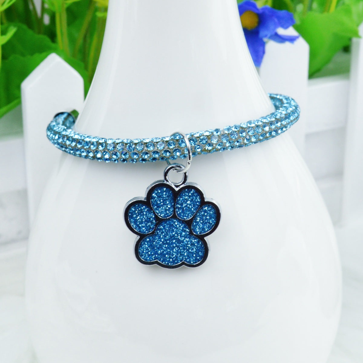 Sparkly silver chain necklace collar with paw charm for small dogs