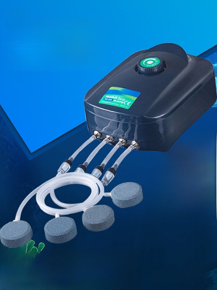 Quiet two outlet aquarium air pump with air stones and tubing, view 2