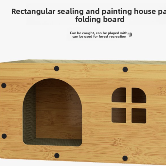 Wooden cat house with built-in scratching board, alternative angle view