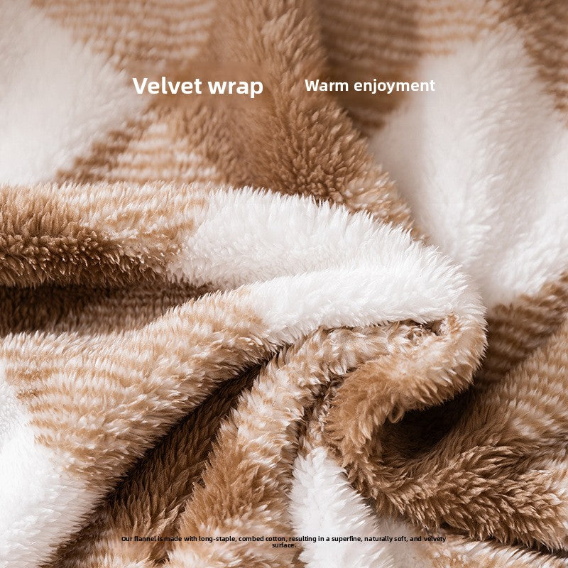Double-sided flannel pet blanket in brown with pom-pom trim