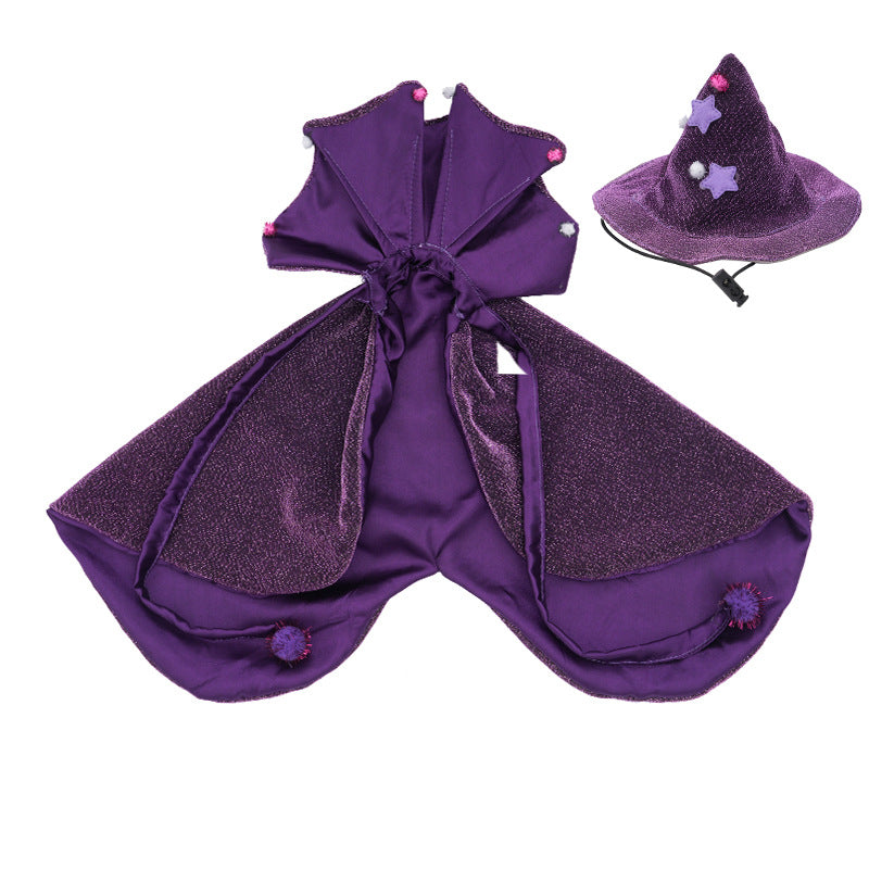 Cat wearing a purple Halloween wizard cloak and hat