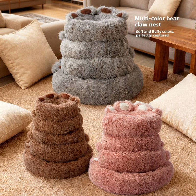 Grey bear paw shaped round plush pet bed, view 4