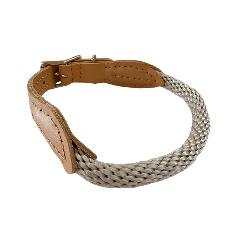 Khaki leather and nylon dog collar with metal buckle, product image 7