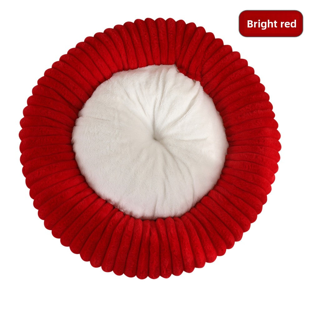 Round striped faux fur pet bed in dark grey for cats