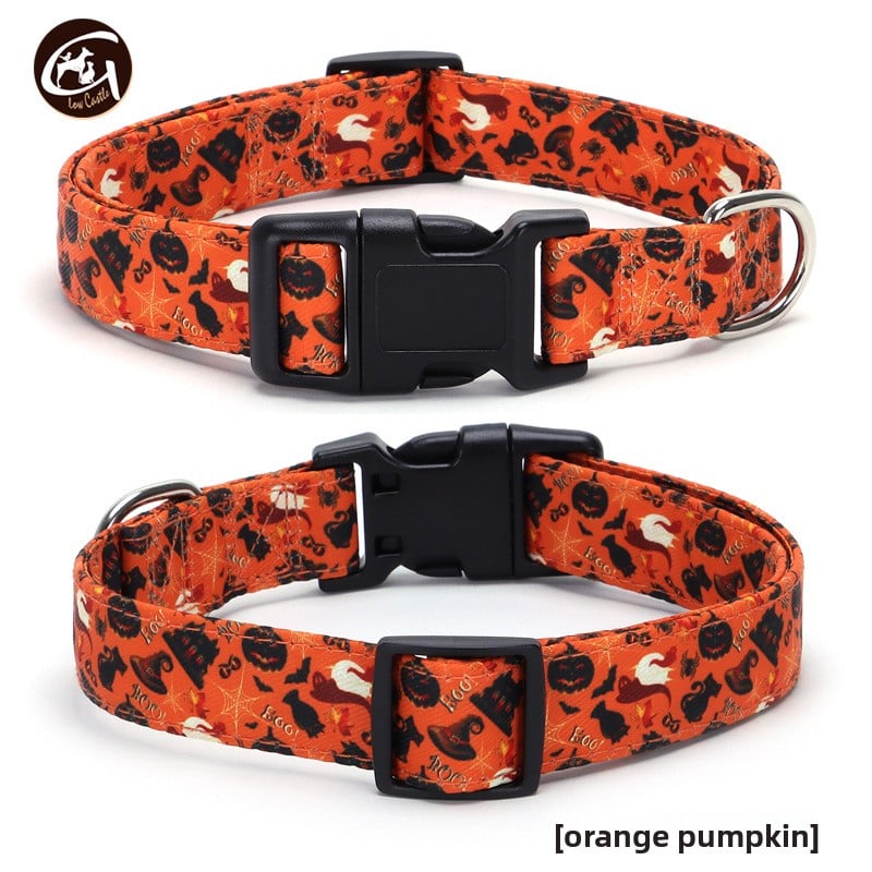 Halloween fabric dog collar with pumpkin print in Green Bat with Bow, top view