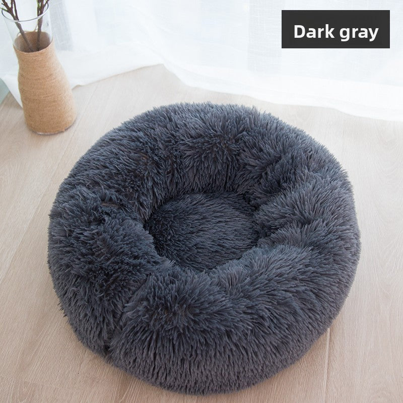 Round plush donut dog bed in light grey