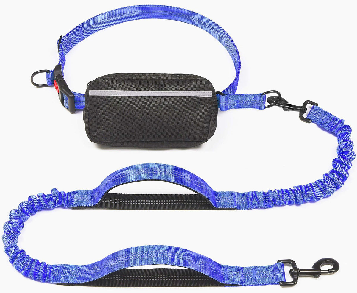 Hands free reflective dog running lead with waist bag in black
